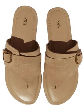 Zara Suede Leather Buckle Sandals In Camel Tan Slip On Size 37